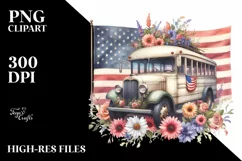 Centered Watercolor Vintage Bus with USA Flag | Clipart Product Image 1