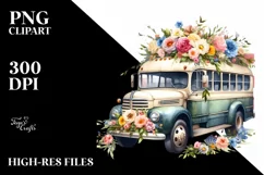 Centered Watercolor Vintage Bus with USA Flag | Clipart Product Image 3