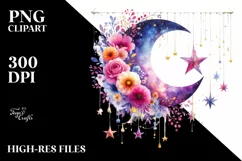 Vibrant Moon Flowers Stars Hanging Clipart Product Image 1