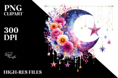 Vibrant Moon Flowers Stars Hanging Clipart Product Image 2