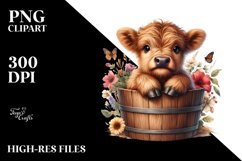 Cute Baby Highland Cow Coming out from a Wood Bucket PNG Product Image 3