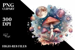 Detailed Mystical Celestial Mushroom Watercolor PNG Product Image 1