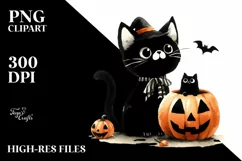Simple Funny Halloween Clipart with Black Cat PNG Product Image 1