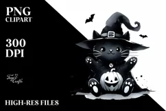 Simple Funny Halloween Clipart with Black Cat PNG Product Image 1