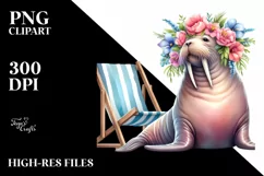 Young Walrus with Flower Wreath on Beach Chair | Clipart Product Image 3