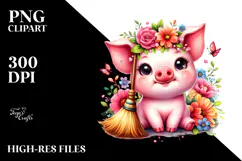 Baby Pig with Flowers and Broom Drawing | Clipart Product Image 2