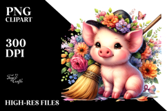 Baby Pig with Flowers and Broom Drawing | Clipart Product Image 2