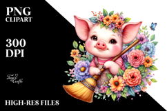 Baby Pig with Flowers and Broom Drawing | Clipart Product Image 2