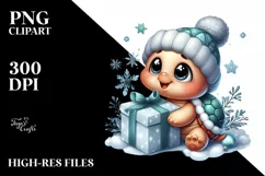 Cute Winter Baby Turtle with Present PNG Product Image 1