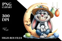 Bunny with Goofy Haircut Sitting on Half Moon, Watercolor Product Image 2