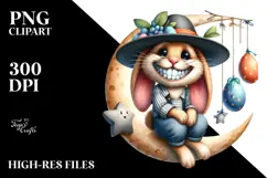Bunny with Goofy Haircut Sitting on Half Moon, Watercolor Product Image 2