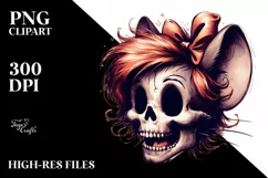 Retro Skull with Hair and Bow, PNG Product Image 3