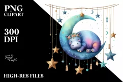 hippo on the moon with stars | Clipart Product Image 3
