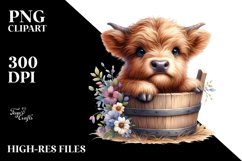 Cute Baby Highland Cow Coming out from a Wood Bucket PNG Product Image 1
