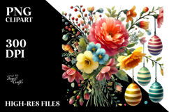 Watercolor Digital Flower &amp; Easter Eggs, PNG Product Image 2