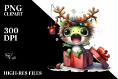 cute Watercolor Frog with Reindeer Horns and Gift Box Product Image 3