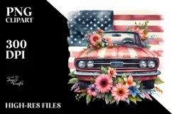 Watercolor Car with Zinnia and USA Flag Product Image 1