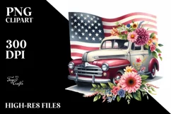 Centered Watercolor Car with Zinnia and USA Flag Product Image 1