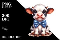 Funny Baby Cow with Bow and Tie Watercolor PNG Product Image 2