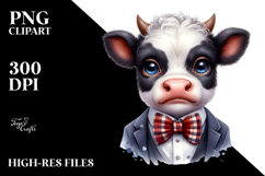 Funny Baby Cow with Bow and Tie Watercolor PNG Product Image 2