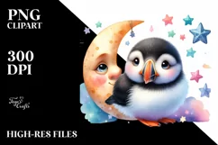 Smiling Baby Puffin with Moon PNG Product Image 3