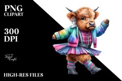 Baby Highland Cow in Modern Dancer&#039;s Outfit, Watercolor PNG Product Image 3