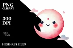 Whimsical Pinkish Smiling Moon Watercolor PNG Product Image 2