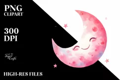 Whimsical Pinkish Smiling Moon Watercolor PNG Product Image 2