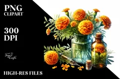 Watercolor Bottle Filled with Marigold and Cosmos | Product Image 1