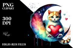 Colorful Cat Sitting on Half Moon Holding a Heart PNG Product Image 2