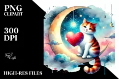 Colorful Cat Sitting on Half Moon Holding a Heart PNG Product Image 2