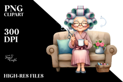 Old Lady Watercolor Character on Couch with Hair Curlers | Product Image 2