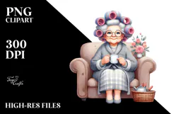 Old Lady Watercolor Character on Couch with Hair Curlers | Product Image 2