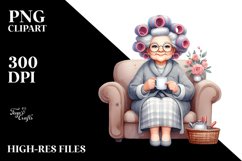 Old Lady Watercolor Character on Couch with Hair Curlers | Product Image 1