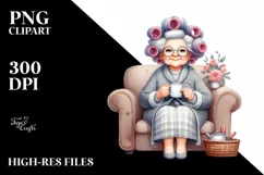 Old Lady Watercolor Character on Couch with Hair Curlers | Product Image 1