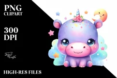 Cute Colorful Baby Hippo Moon Stars Clipart Product Image 1