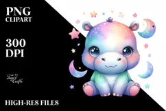 Cute Colorful Baby Hippo Moon Stars Clipart Product Image 1