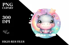 Cute Colorful Baby Hippo Moon Stars Clipart Product Image 3