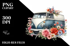 Watercolor Vintage Van with Flowers Clipart Product Image 1