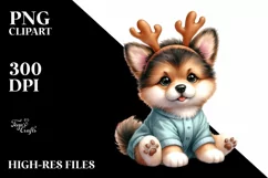cute Watercolor German Shepherd with Reindeer Horns and Product Image 1