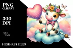Colorful Cow Sitting on Cloud Holding a Heart PNG Product Image 2