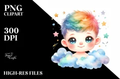 Colorful Watercolor Baby with Stars and Clouds | Clipart Product Image 3