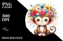 Cartoon Monkey with Flower Crown | Sublimation | Clipart Product Image 2