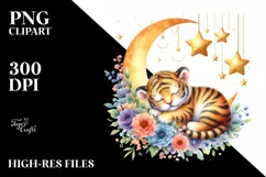 Colorful Watercolor Baby Tiger with Moon and Flowers | Product Image 1