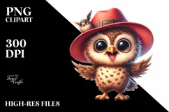 Funny Baby Owl Standing with Hat | Watercolor Clipart Product Image 1