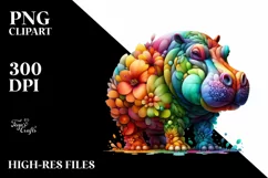 Abstract Vibrant Watercolor Hippo with Flowers, Transparent Product Image 3