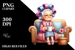 Old Lady Watercolor Character on Sofa with Hair Curlers | Product Image 1