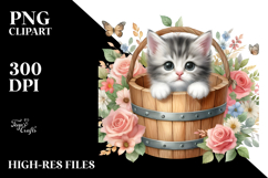 Cute Baby Cat Watercolor with Flowers PNG Product Image 2