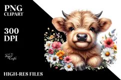 Cute Small Baby Highland Cow Flowers |Sublimation |Clipart Product Image 2