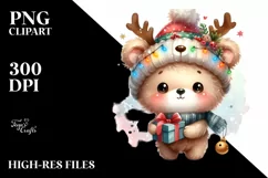 cute Watercolor Bear with Reindeer Horns Product Image 1